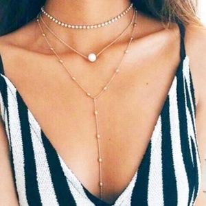 Multi Layer Choker Necklace faux pearl rhinestone